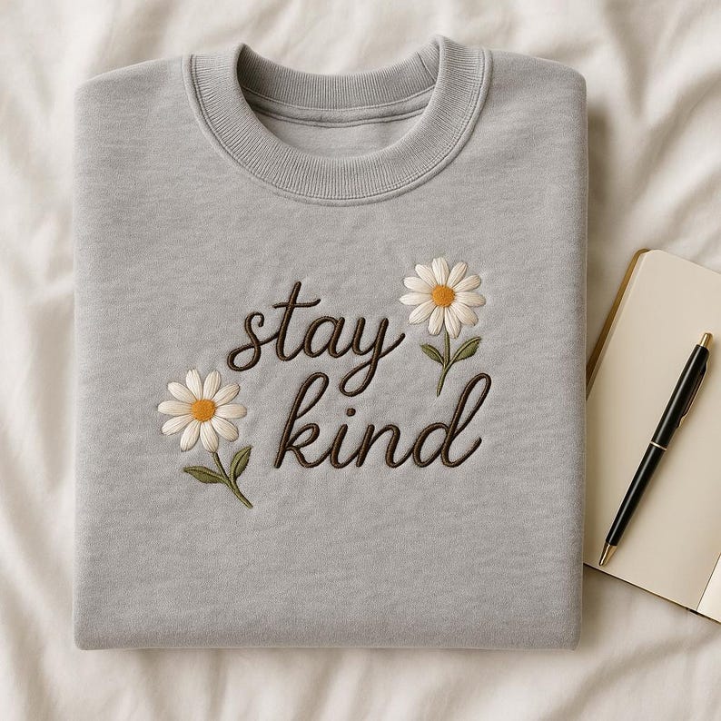Stay Kind Embroidered Sweatshirt Daisy Flower Kindness Hoodie Positive Vibe Sweater Mental Health Awareness Gift Inspirational Jumper 1759821915892.jpg