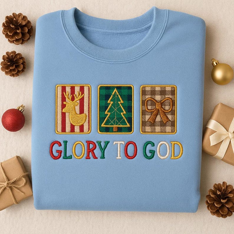 Embroidered Glory To God Sweatshirt Religious Christmas Crewneck Plaid Reindeer Hoodie Christian Gift Blue Xmas Hoodie 1759891004376.jpg