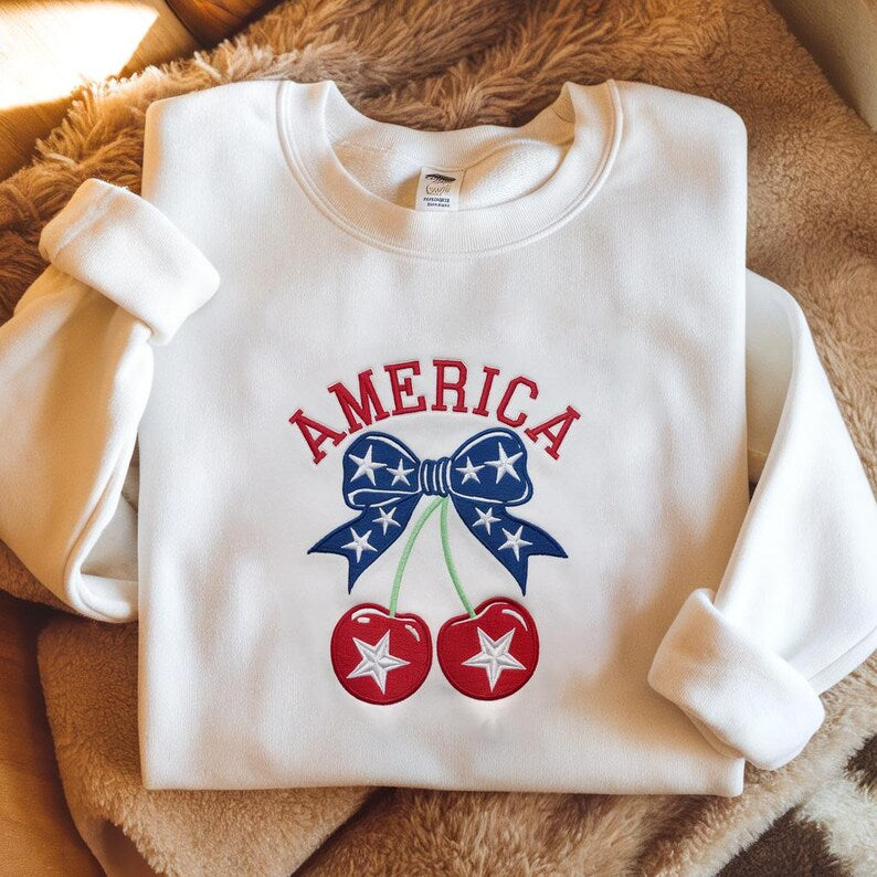 America Cherries Bow Embroidered Sweatshirt Cherry Bow Hoodie Cute America Sweater Independence Day Sweatshirt America Patriotic Hoodie 1759896728010.jpg
