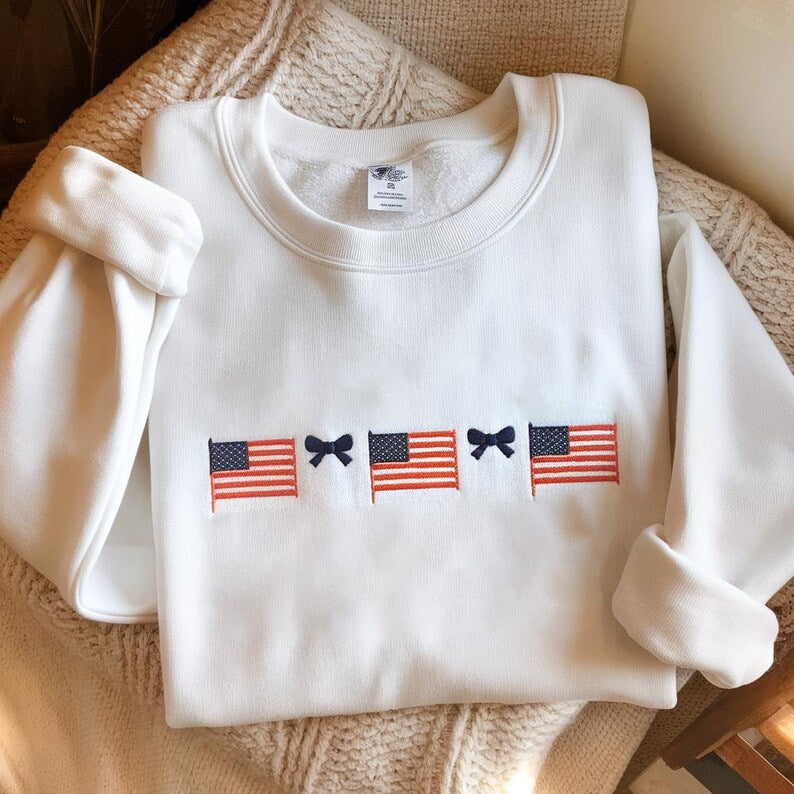 American Flag And Dainty Bow Embroidered Sweatshirt America Hoodie 4th Of July Hoodie Coquette Patriotic Sweatshirt America Patriotic Sweater 1759979586516.jpg