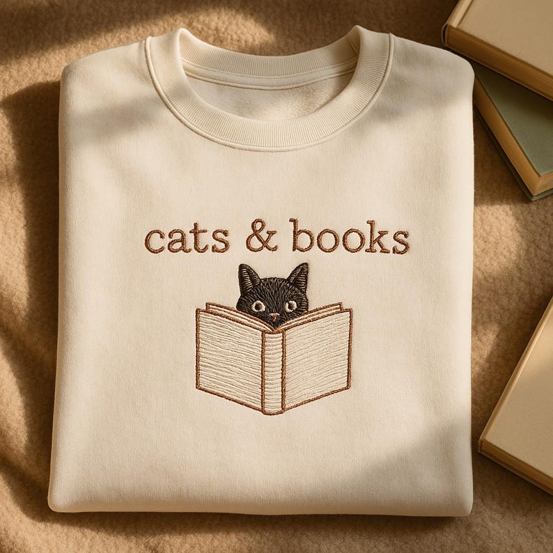 Embroidered Cats And Books Sweatshirt Book Lover Sweater Bookish Hoodie Reading Hoodie Gift For Cat Lover Bookish Cat Hoodie Librarian Sweatshirt 1760080369416.jpg