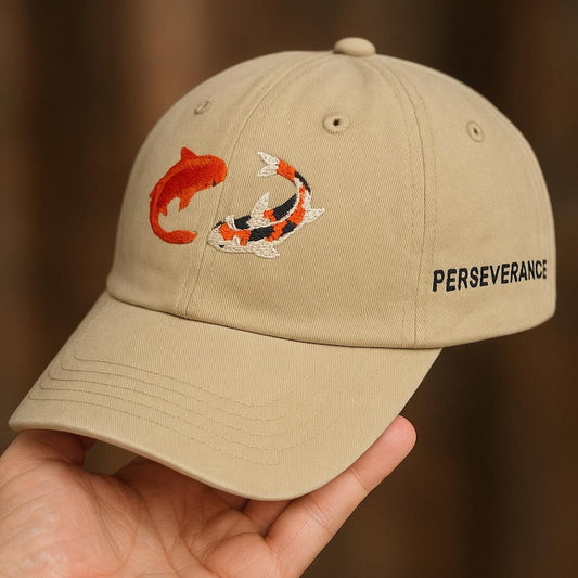 Embroidered Koi Fish Baseball Cap Vintage Style Dad Hat With Perseverance Text 1760085132071.jpg