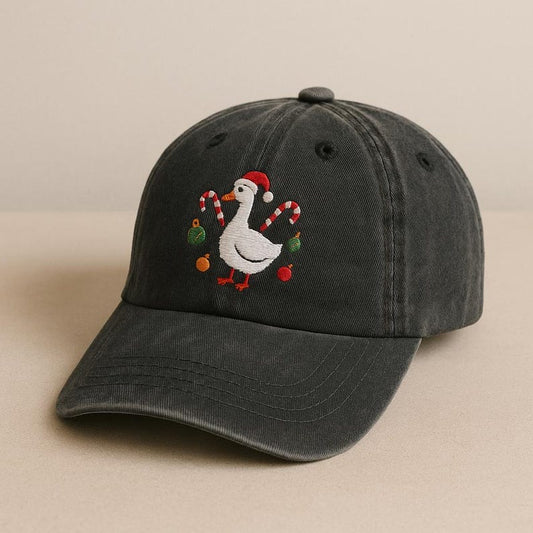Christmas Goose Hat Embroidered Washed Black Cap With Santa Hat Candy Canes And Ornaments 1760085592525.jpg