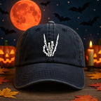 Skeleton Rock Hand Embroidered Halloween Hat Embroidered Gothic Skull Black Baseball Cap Spooky Metal Dad Hat Adjustable Washed Cap 1760086701170.jpg