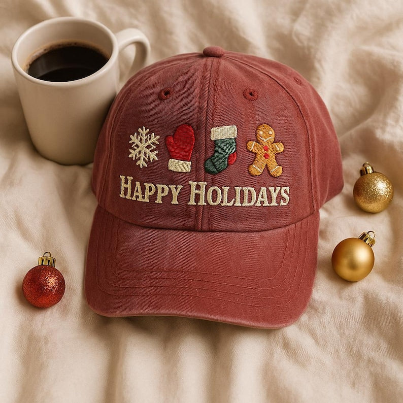 Happy Holidays Embroidered Dad Cap Christmas Gingerbread Man Hat Cute Holiday Mitten Snow Flake Stocking Embroidered Gift 1760088980344.jpg