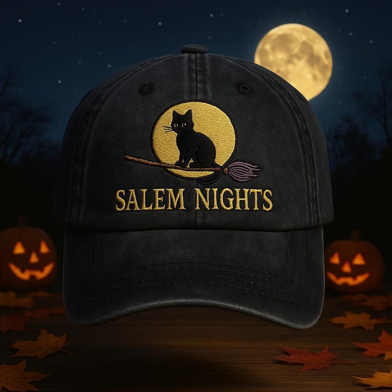 Salem Nights Black Cat Broom Embroidered Baseball Cap Vintage Washed Cotton Adjustable Witchcore Gothic Dad Hat Spooky Season Hat 1760331132130.jpg