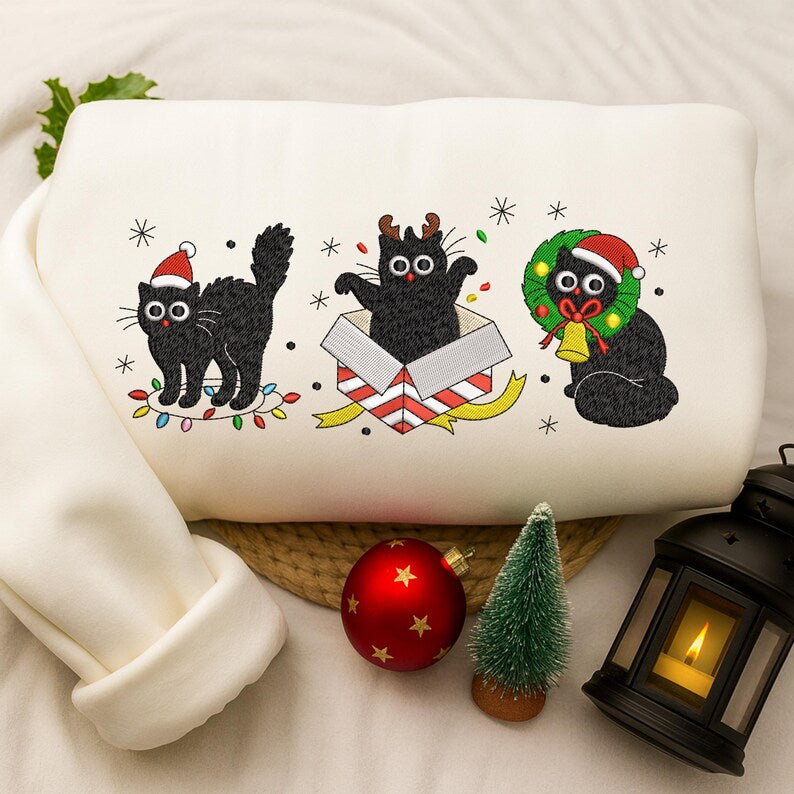 Christmas Black Cat Embroidered Sweatshirt Cute Cat Embroidered Hoodie Cat Lover Gift Merry Christmas Hoodie Christmas Gift 1760502802835.jpg