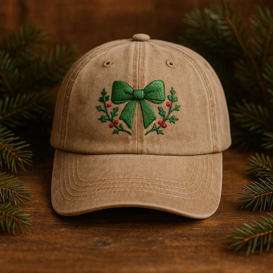 Embroidered Holiday Baseball Cap With Green Bow And Holly Leaves Festive Christmas Hat Gift 1760515971592.jpg