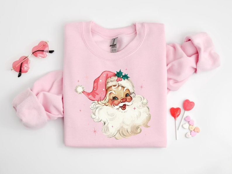 Pink Santa Retro Christmas T Shirts Sweatshirts For Women Pink Christmas Matching Family Sweaters Pink Vintage Holiday Crewneck Group Party 1760516756878.png