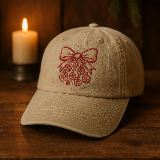 Minimalist Embroidered Christmas Baseball Cap With Red Bow And Hanging Ornament Holiday Festive Hat 1760517086658.jpg