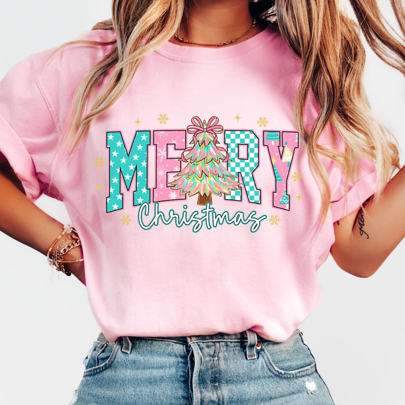 Merry Christmas Coquette Png Retro Pink Christmas Tree Png Preppy Christmas Shirt Design Merry And Bright Png Checkered Xmas Sublimation 1760518521370.png