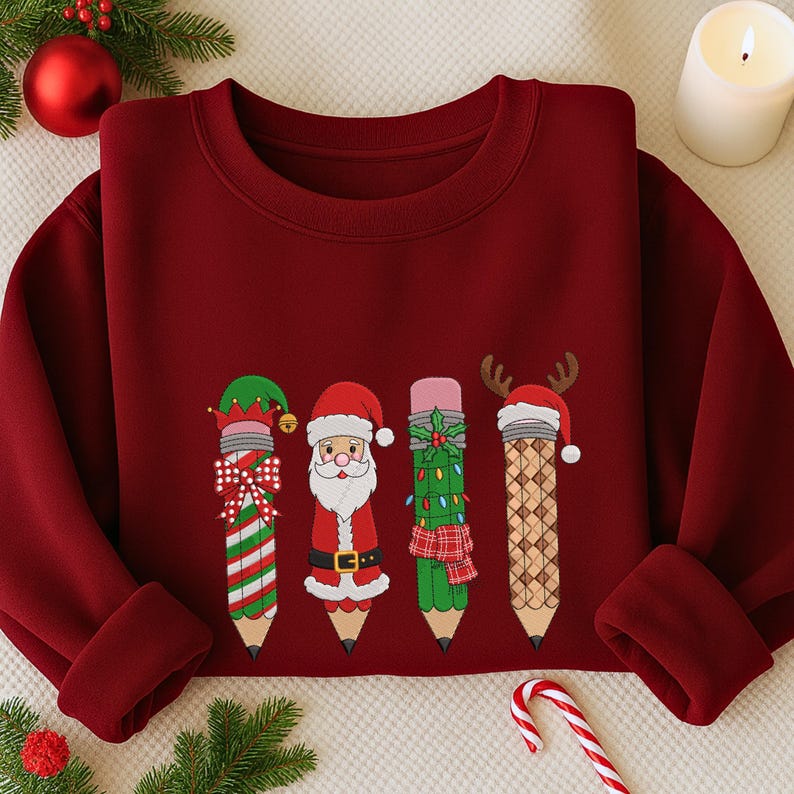 Merry Christmas Embroidered Sweatshirt Christmas Santa Reindeer Elves Pencil Embroidered Sweatshirt Christmas Teachers Hoodie Teachers Day Gift 1760521203653.jpg