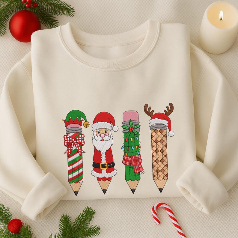 Merry Christmas Embroidered Sweatshirt Christmas Santa Reindeer Elves Pencil Embroidered Sweatshirt Christmas Teachers Hoodie Teachers Day Gift 1760521203827.jpg