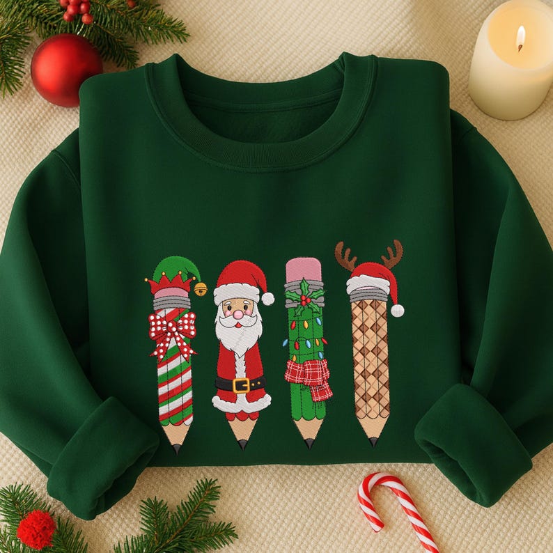 Merry Christmas Embroidered Sweatshirt Christmas Santa Reindeer Elves Pencil Embroidered Sweatshirt Christmas Teachers Hoodie Teachers Day Gift 1760521203854.jpg