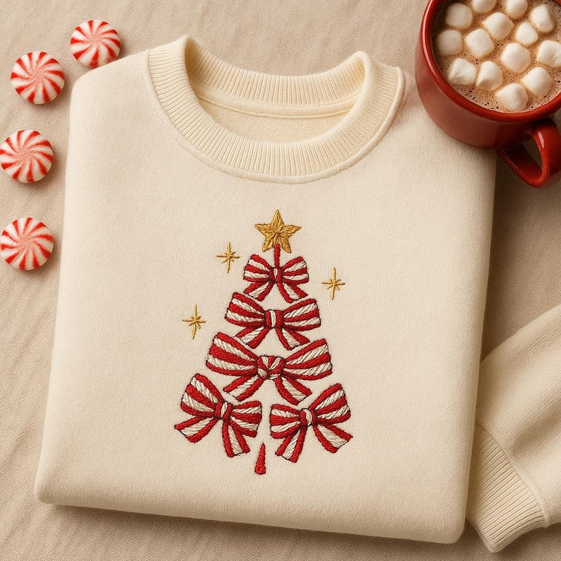 Embroidered Peppermint Bow Tree Sweatshirt Candy Cane Christmas Hoodie Red Stripe Holiday Sweater Xmas Gift For Teacher 1761017465338.jpg