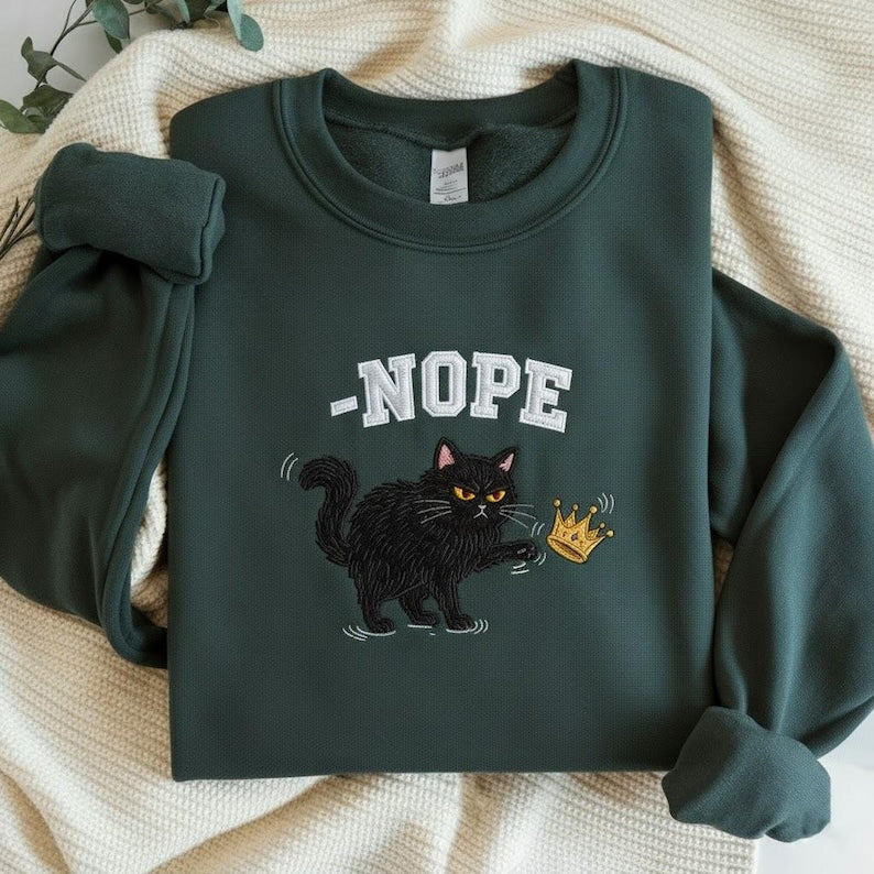 Embroidered Nope Cat Sweatshirt No Kings Black Cat Hoodie Kicking Crown Sweater Anti Social Cat Hoodie Grumpy Cat No Kings Sweatshirt 1761281761142.jpg
