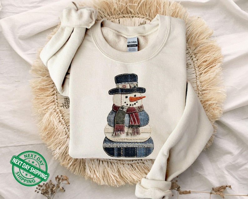 Faux Patchwork Snowman Sweatshirt Patchwork Christmas Sweater Christmas Faux Patchwork Hoodie Gift For Christmas Holiday Crewneck 1761296115540.jpg