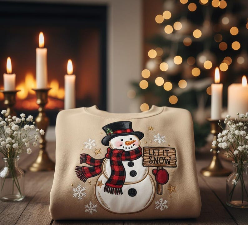 Let It Snow Embroidered Snowman Sweatshirt Cozy Winter Christmas Sweater Festive Plaid Scarf Holiday Hoodie Cute Seasonal Gift 1761298716991.jpg