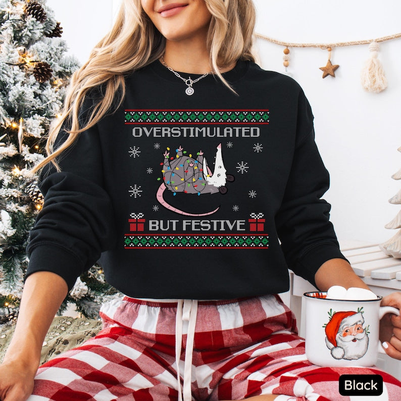 Overstimulated But Festive Possum Christmas Sweatshirt Ugly Christmas Sweatshirt Funny Possum Shirt Possum Gift Trashcore Meme Crewneck 1761361192745.jpg