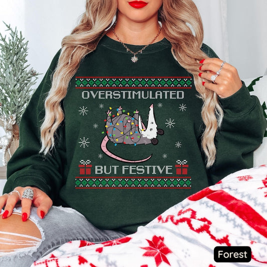 Overstimulated But Festive Possum Christmas Sweatshirt Ugly Christmas Sweatshirt Funny Possum Shirt Possum Gift Trashcore Meme Crewneck 1761361192802.jpg