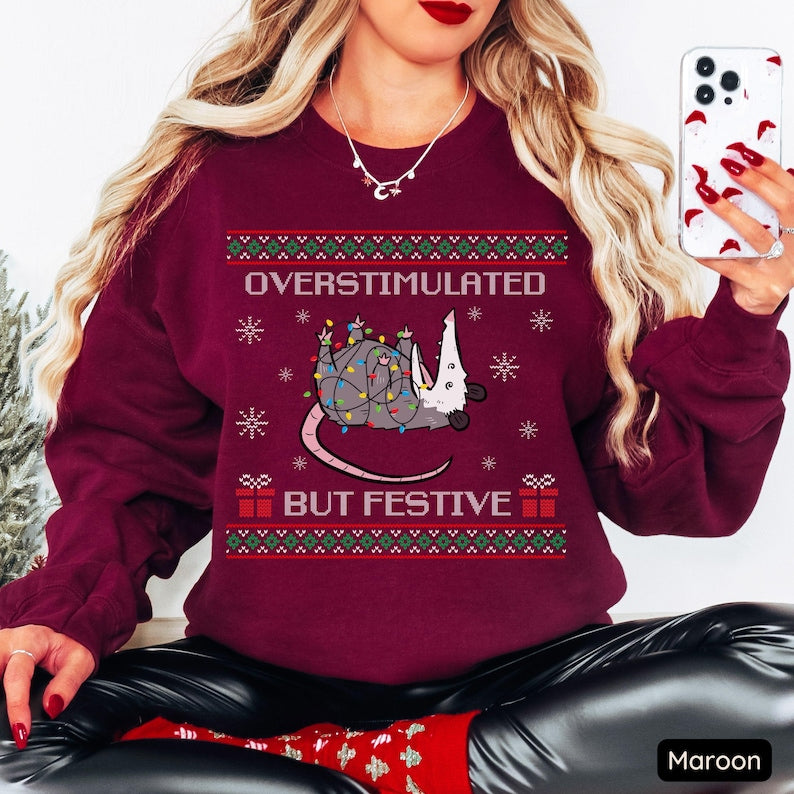 Overstimulated But Festive Possum Christmas Sweatshirt Ugly Christmas Sweatshirt Funny Possum Shirt Possum Gift Trashcore Meme Crewneck 1761361192808.jpg