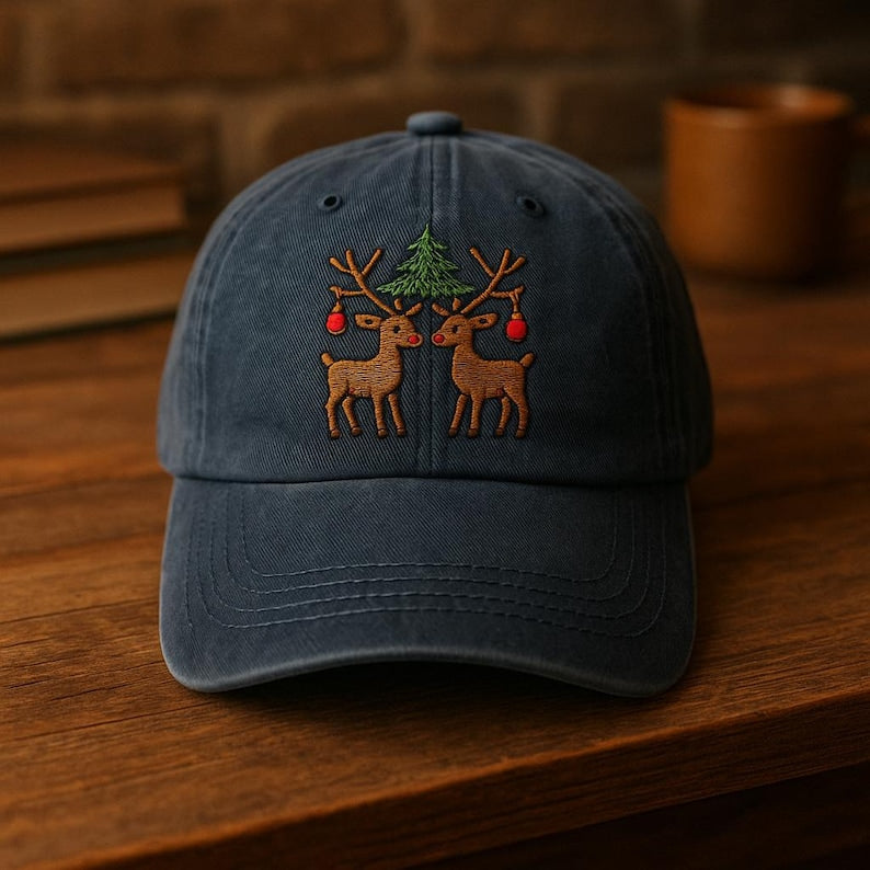 Christmas Embroidered Hat With Pair Of Reindeer And Holiday Tree Festive Winter Baseball Cap Gift 1761535997995.jpg