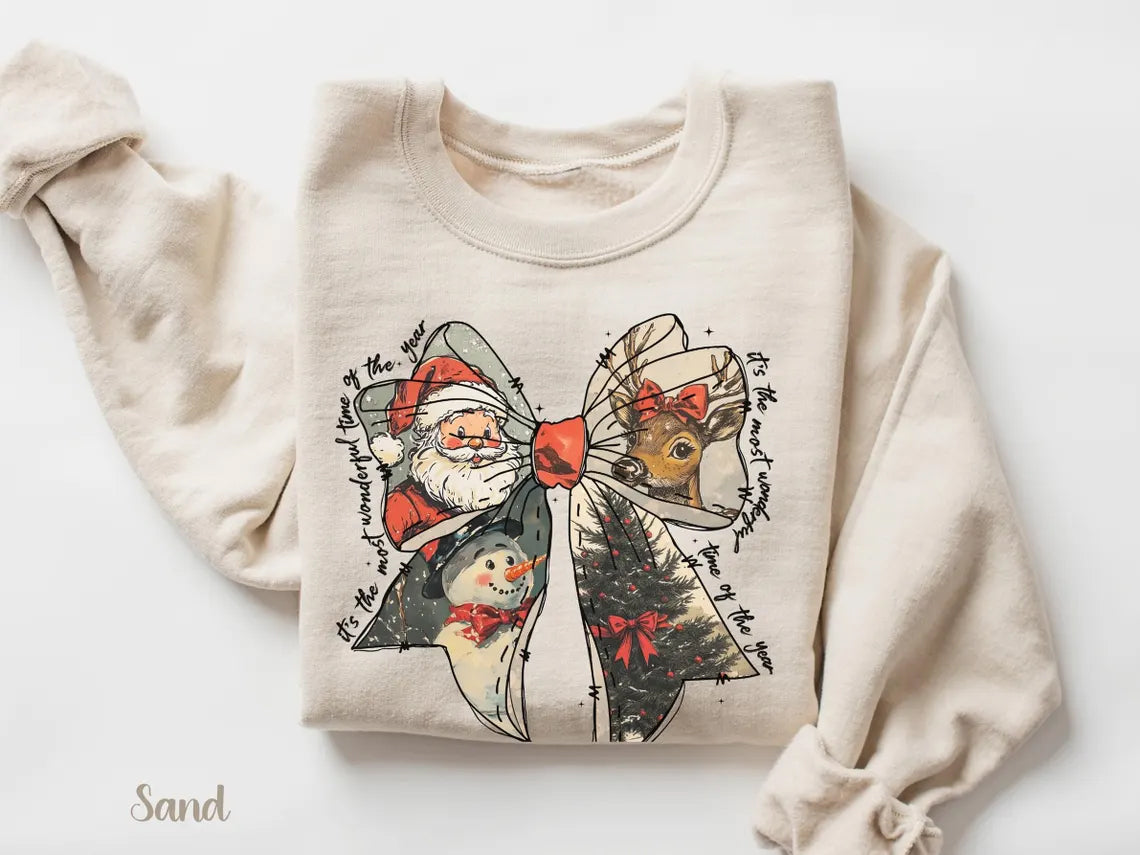 Vintage Retro Santa Christmas Shirt Cute Snowman  Reindeer With Coquette Bow Perfect Holiday Gift Most Wonderful Time Of The Year 1761552457220.jpg