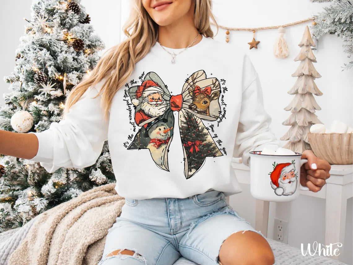 Vintage Retro Santa Christmas Shirt Cute Snowman  Reindeer With Coquette Bow Perfect Holiday Gift Most Wonderful Time Of The Year 1761552476191.jpg