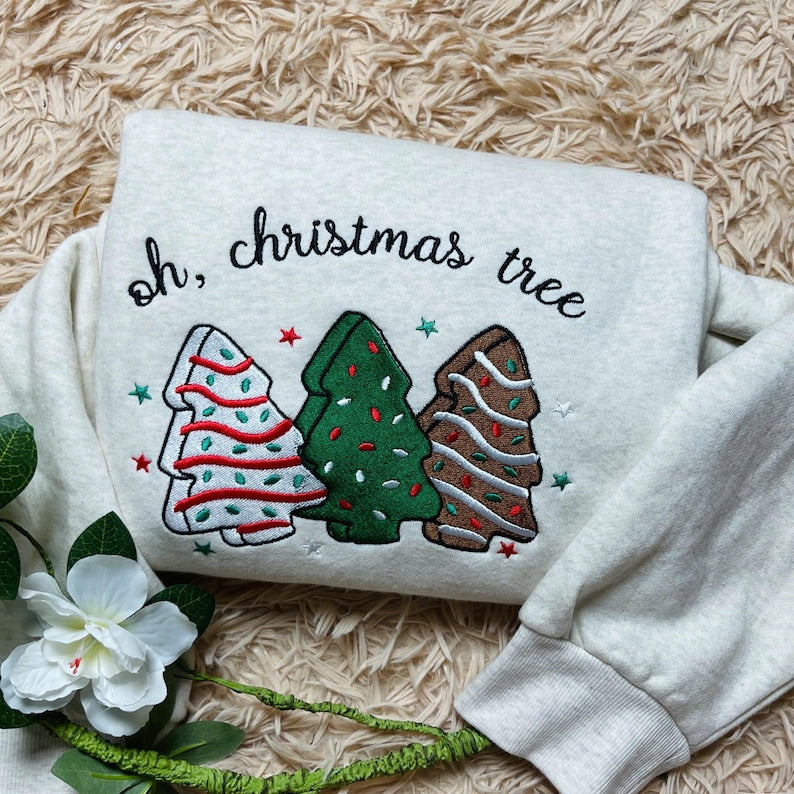 Oh Christmas Tree Cake Embroidered Sweatshirt Christmas Tree Cake Crewneck Gift For Womens  Retro Holiday Crewneck 1761627535898.jpg