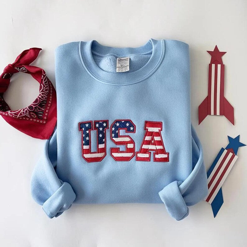 Usa Flag Embroidered Sweatshirt 4th Of July Patriotic Crewneck Red White Blue Stars Hoodie American Flag Aesthetic Sweater Independence Day Gift 1761643931353.jpg
