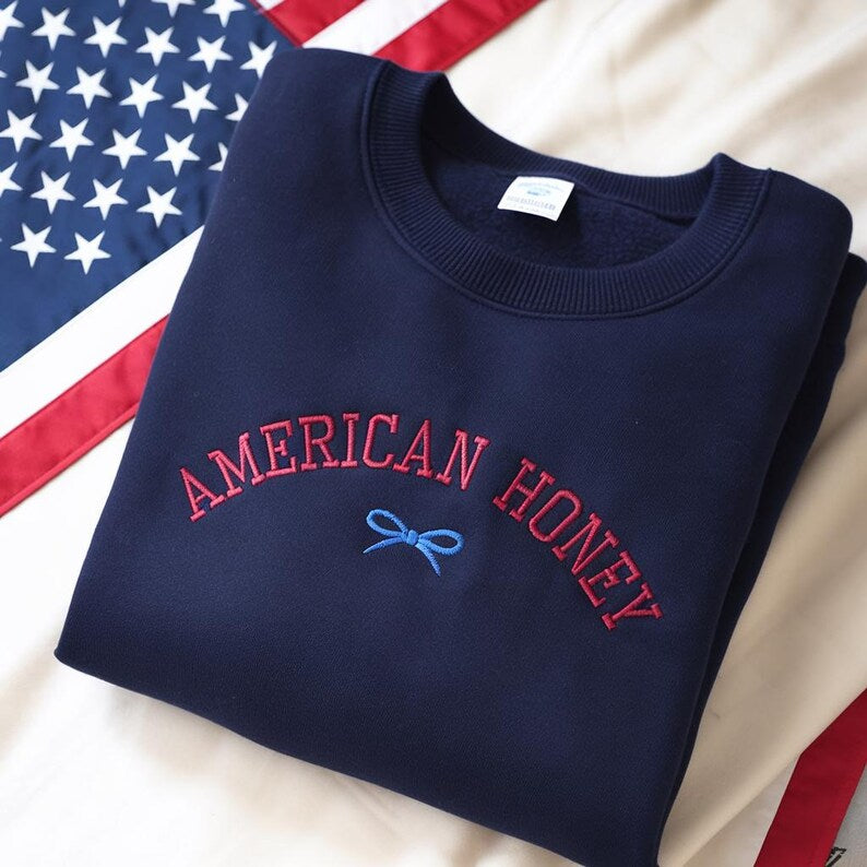 American Honey Embroidered Sweatshirt Red White Blue Hoodie Gift For Usa Independence Fourth Of July Memorial Patriotic Girl Gift 1761709950559.jpg
