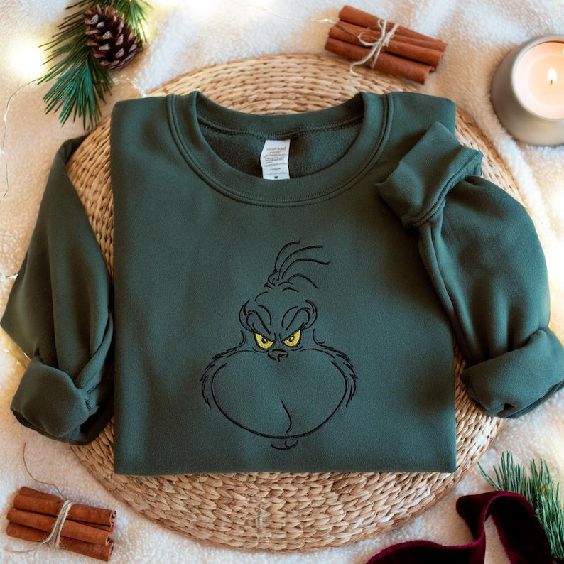Grinch Face Embroidered Sweatshirt Minimal Grinch Christmas Hoodie Funny Holiday Grinch Sweater Grinchmas Crewneck Christmas Hoodie 1761726365267.jpg
