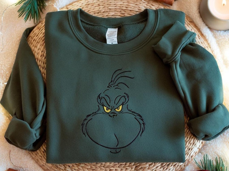 Grinch Face Embroidered Sweatshirt Minimal Grinch Christmas Hoodie Funny Holiday Grinch Sweater Grinchmas Crewneck Christmas Hoodie 1761726365370.jpg