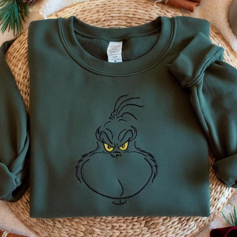 Grinch Face Embroidered Sweatshirt Minimal Grinch Christmas Hoodie Funny Holiday Grinch Sweater Grinchmas Crewneck Christmas Hoodie 1761726365373.jpg
