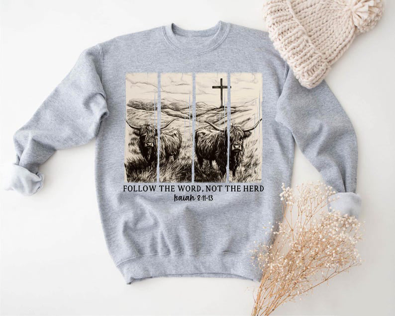 Follow The Word Not The Herd Shirt Christian Shirt Vintage Bible Verse Shirt Highland Cow Shirt Boho Shirt Christian Country Shirt 1761728935366.jpg