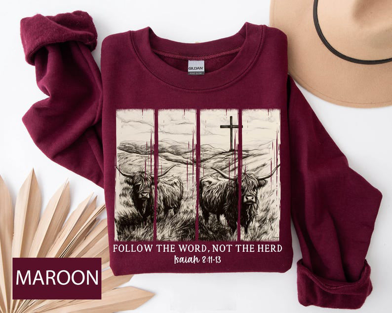 Follow The Word Not The Herd Shirt Christian Shirt Vintage Bible Verse Shirt Highland Cow Shirt Boho Shirt Christian Country Shirt 1761728989179.jpg
