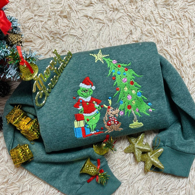 Grinch Christmas Embroidered Sweatshirt Whimsical Tree Design  Funny Holiday Hoodie  Cozy Grinchmas Gift For Him  Her 1761810496186.png