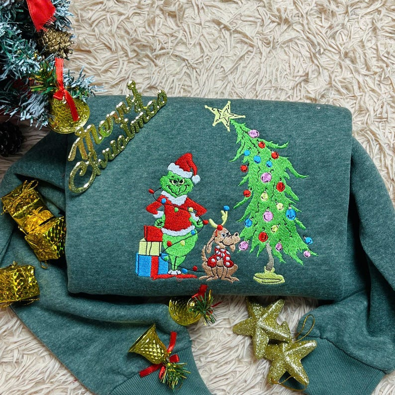 Grinch Christmas Embroidered Sweatshirt Whimsical Tree Design  Funny Holiday Hoodie  Cozy Grinchmas Gift For Him  Her 1761810496419.png