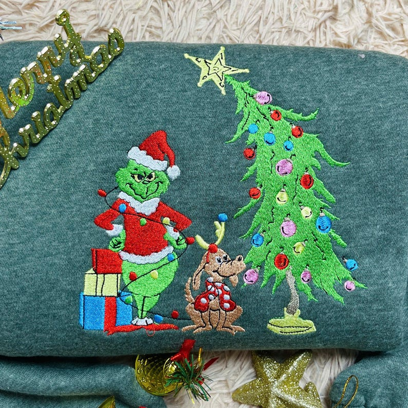 Grinch Christmas Embroidered Sweatshirt Whimsical Tree Design  Funny Holiday Hoodie  Cozy Grinchmas Gift For Him  Her 1761810496668.png