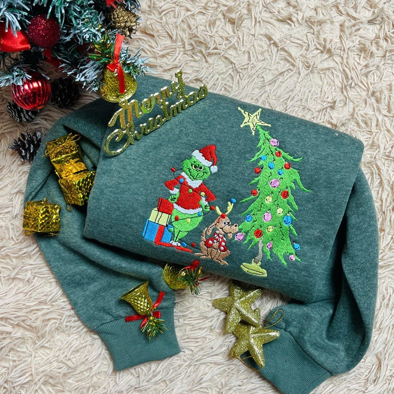 Grinch Christmas Embroidered Sweatshirt Whimsical Tree Design  Funny Holiday Hoodie  Cozy Grinchmas Gift For Him  Her 1761810497361.png