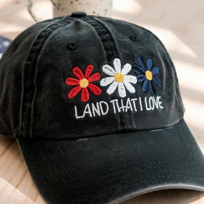 Land That I Love Hat   Embroidered Red White Blue Flower Baseball Cap Patriotic Usa Independence Day Adjustable Vintage Denim Dad Hat 1761972525636.jpg