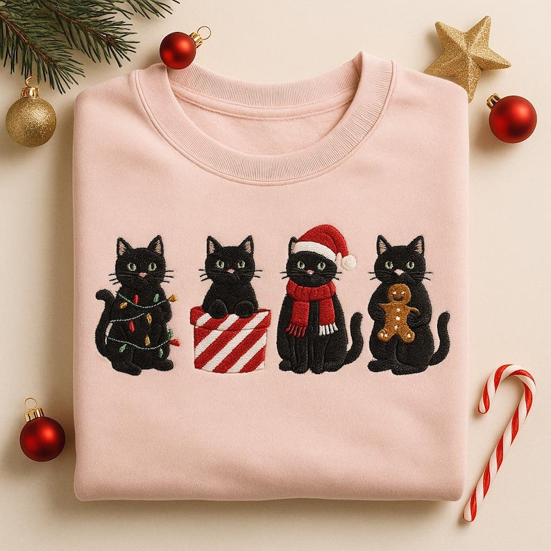 Embroidered Black Cats Christmas Sweatshirt Cute Cat Gingerbread Jumper Funny Pet Lover Xmas Hoodie Pink Holiday Sweater Gift 1762154942000.jpg