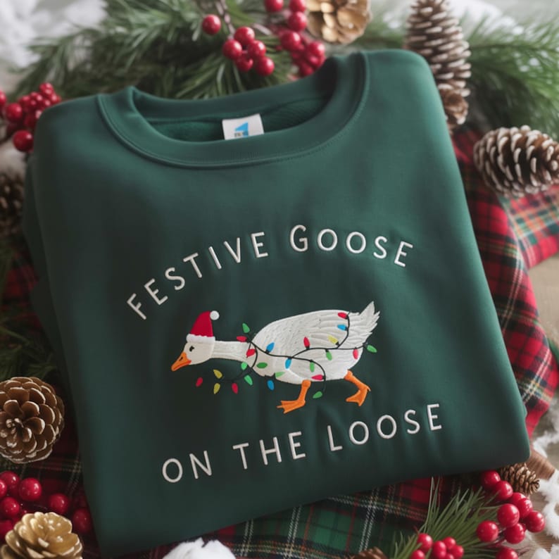 Festive Goose On The Loose Sweatshirt Funny Christmas Goose Shirt Embroidered Holiday Crewneck Ugly Sweater Party Top 1762159546403.jpg