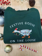 Festive Goose On The Loose Sweatshirt Funny Christmas Goose Shirt Embroidered Holiday Crewneck Ugly Sweater Party Top 1762159546526.jpg