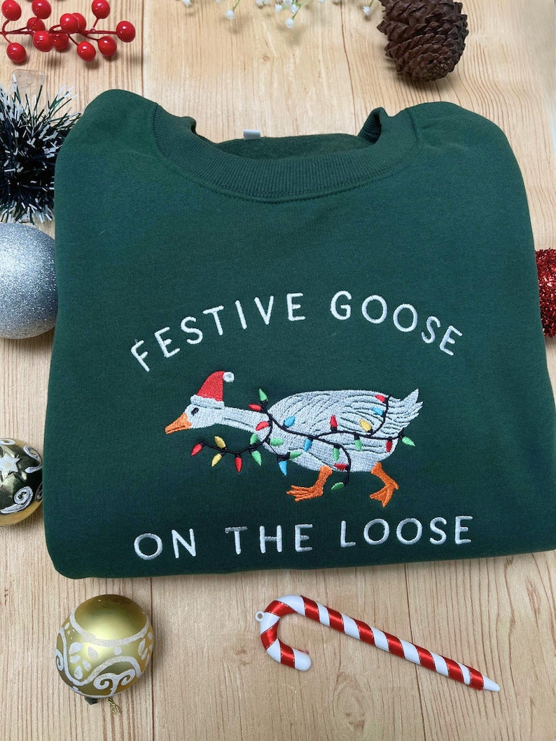 Festive Goose On The Loose Sweatshirt Funny Christmas Goose Shirt Embroidered Holiday Crewneck Ugly Sweater Party Top 1762159546526.jpg