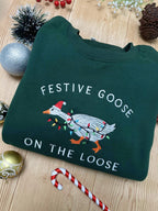 Festive Goose On The Loose Sweatshirt Funny Christmas Goose Shirt Embroidered Holiday Crewneck Ugly Sweater Party Top 1762159547256.jpg