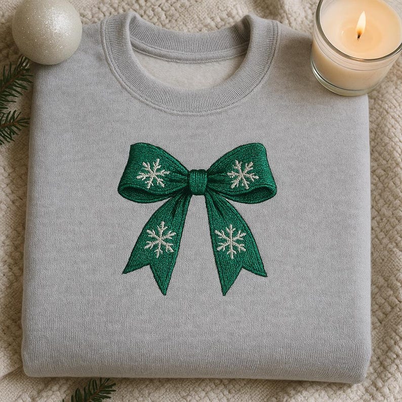 Embroidered Christmas Snowflake Bow Sweatshirt Winter Holiday Crewneck Festive Green Ribbon Sweater Xmas Gift Cute Winter Hoodie 1762222797448.jpg