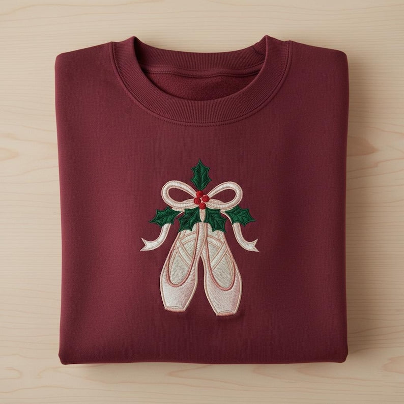 Embroidered Christmas Ballet Pointe Shoes Sweatshirt Holly And Ribbon Dancer Crewneck Nutcracker Inspired Ballet Embroidered Hoodie 1762245232005.jpg