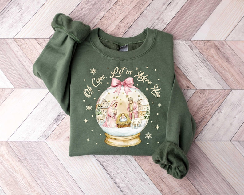Oh Come Let Us Adore Him Sweatshirt Jesus Christmas Sweater Pink Coquette Christmas Tree T Shirt Christian Christmas Shirt 1762315105772.jpg