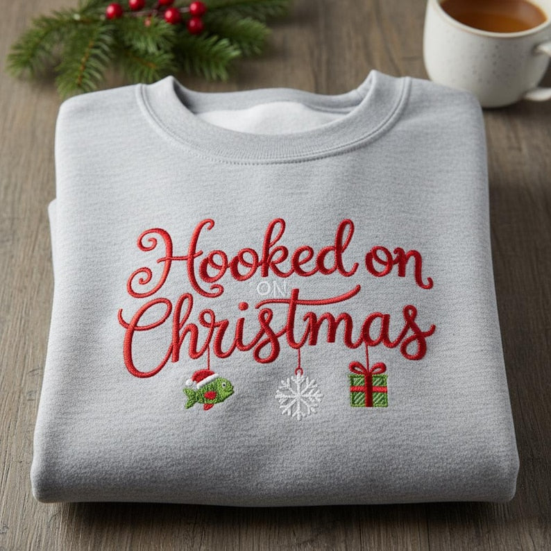 Hooked On Christmas Embroidered Sweatshirt Fishing Holiday Hoodie Fisherman Christmas Sweater Cute Fish Hook Embroidery Gift 1762329409238.jpg